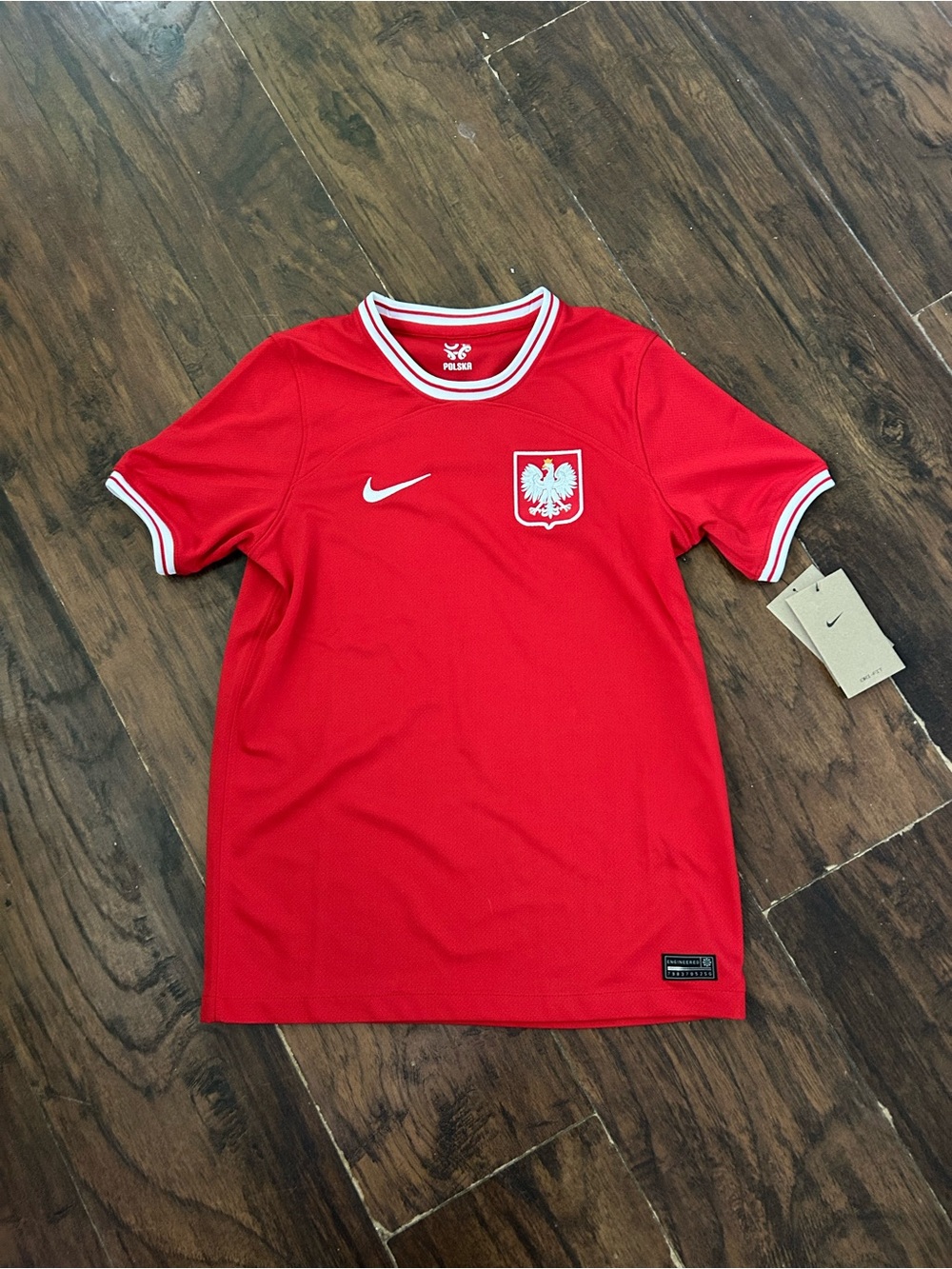 Nike Red and White Kids Soccer Jersey with Poland Tag